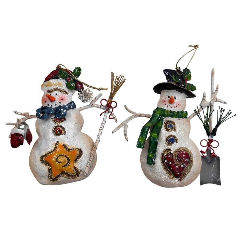 Snowman Christmas Ornaments Set 2 Rustic Farmhouse Decor Vintage Style Kids